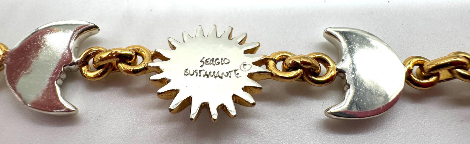 Signed Sergio Bustamante Sterling & Vermeil Sun & Moon Link Bracelet, 1990s - 17