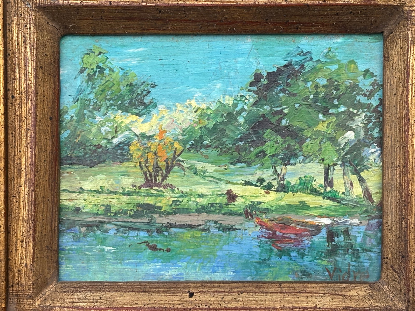 Early 20th C. Petite Original Oil on Board - Landscape. - Artisan-Carved Gilt Frame - 4
