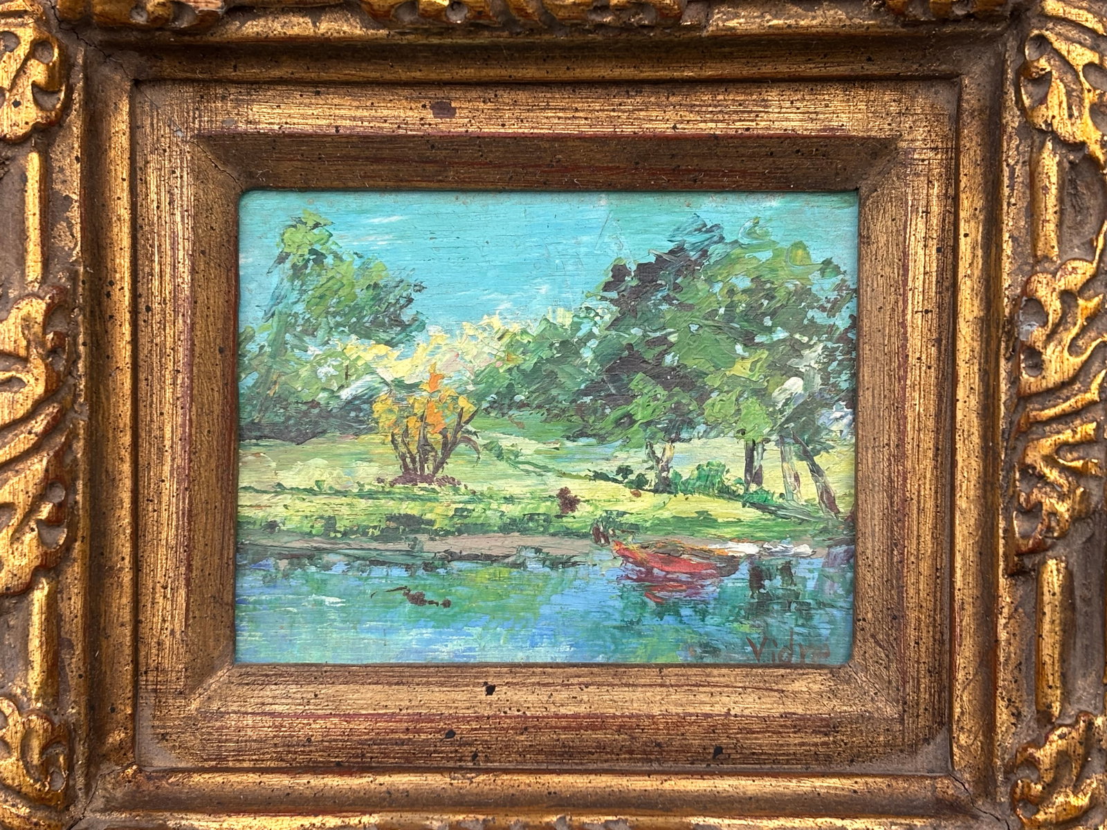 Early 20th C. Petite Original Oil on Board - Landscape. - Artisan-Carved Gilt Frame - 5