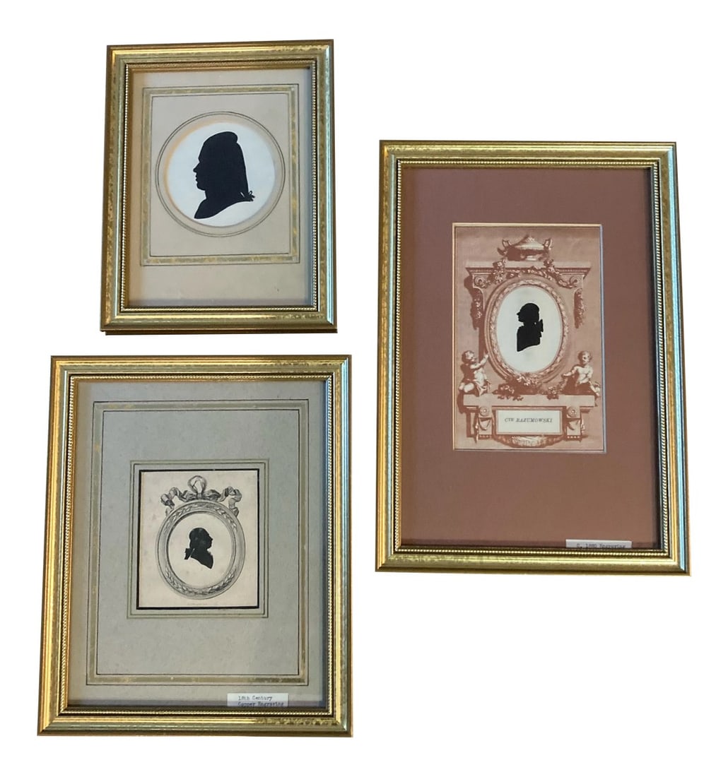 Antique Engraved Silhouettes in Giltwood Frames -Set of 3: Three impressive 18th & 19th century engraved silhouettes in custom mats and giltwood frames and in varied sizes. A lovely collection! Measures: 9.25" x 7.25" (cream beige mat) 9.25" x 13.25" (mauve m