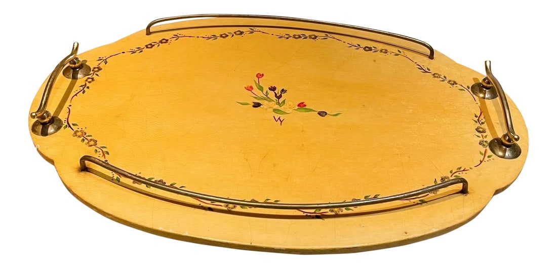 1960s Aldo Tura Goatskin Wood & Brass Floral Design Service Tray: AMBIANIC presents: Lovely Goatskin on Wood Service Tray. Brass Hardware Cork Bottom. Delicate Floral decoration. Vintage Italy 1960s Measures:19.75 L x 14 W x 2 H Marked VY initials stamp. Attributed