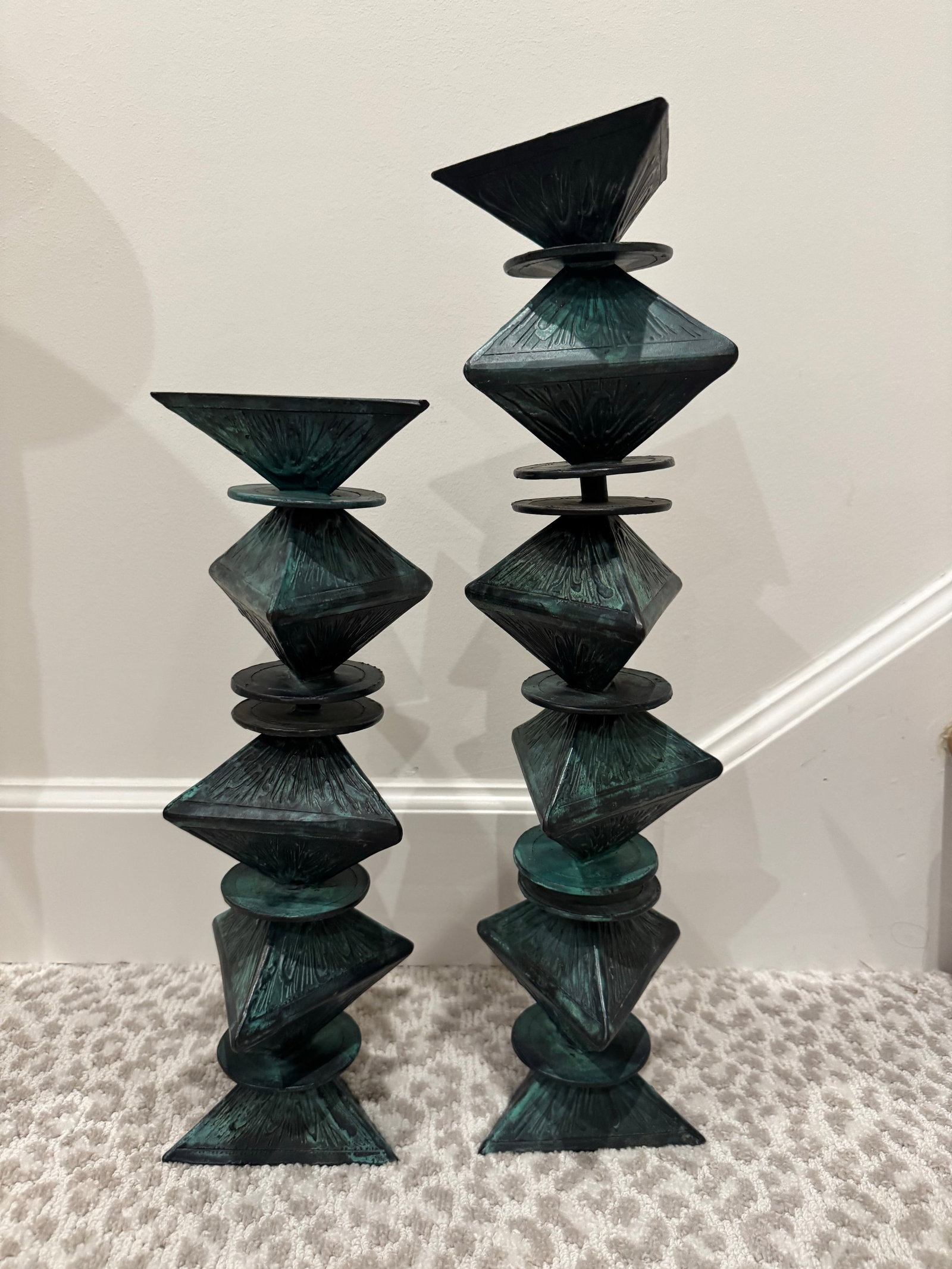 Monumental Signed Modernist/Brutalist Sculptural Candlesticks in Verdigris Patinated Bronze, 1970s, - 12