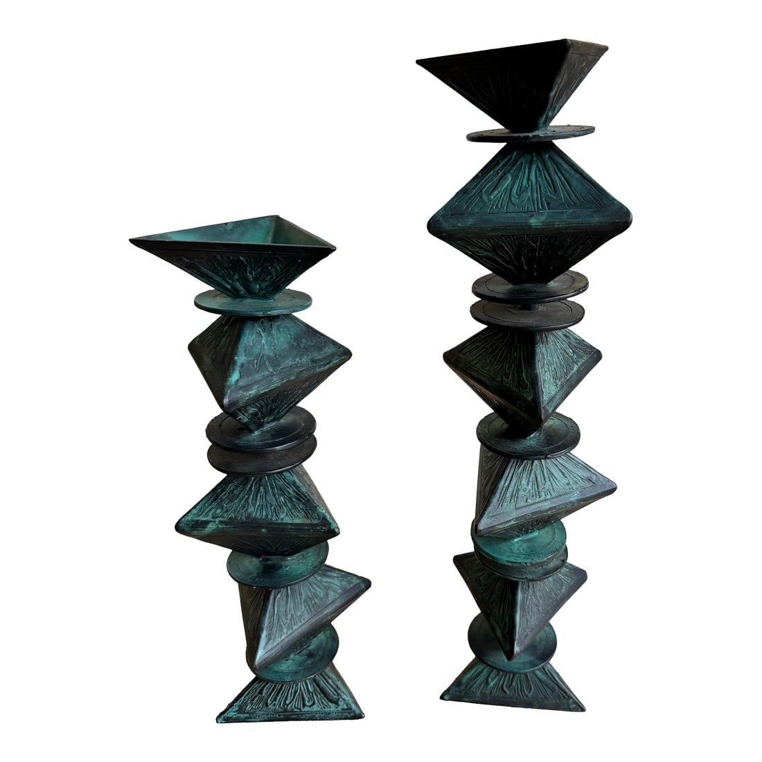 Monumental Signed Modernist/Brutalist Sculptural Candlesticks in Verdigris Patinated Bronze, 1970s,: An exceptional signed pair of monumental sculptural modernist candlesticks executed in solid cast bronze with a richly layered verdigris patina. Each piece is composed of stacked geometric