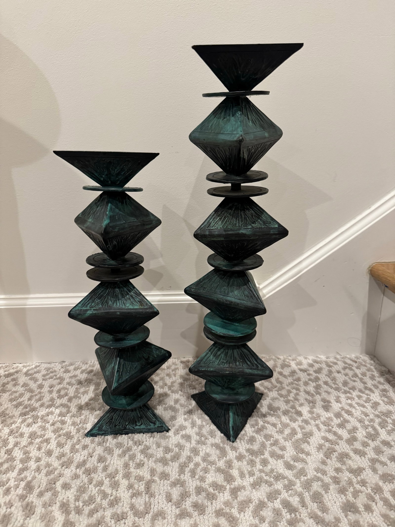 Monumental Signed Modernist/Brutalist Sculptural Candlesticks in Verdigris Patinated Bronze, 1970s, - 6