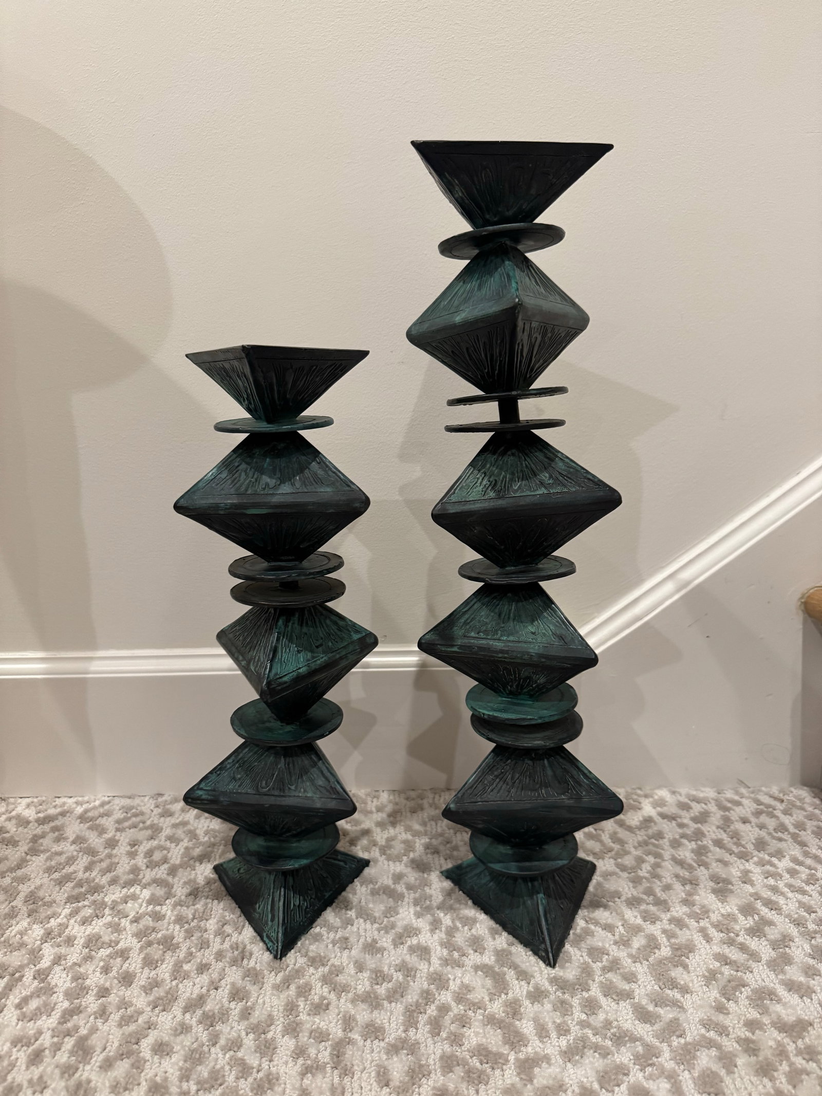 Monumental Signed Modernist/Brutalist Sculptural Candlesticks in Verdigris Patinated Bronze, 1970s, - 8