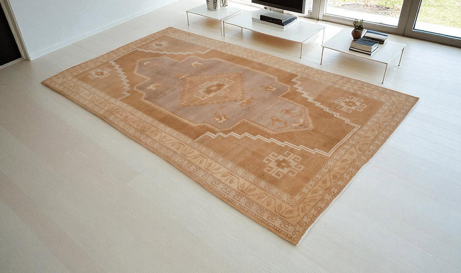 VIintage Turkish Rug - Natural Sheep Wool Hand-Knotted Undyed Beige Tan - 6'2 X 11'3 - 2