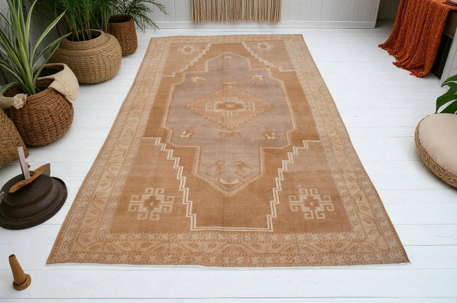 VIintage Turkish Rug - Natural Sheep Wool Hand-Knotted Undyed Beige Tan - 6'2 X 11'3 - 3