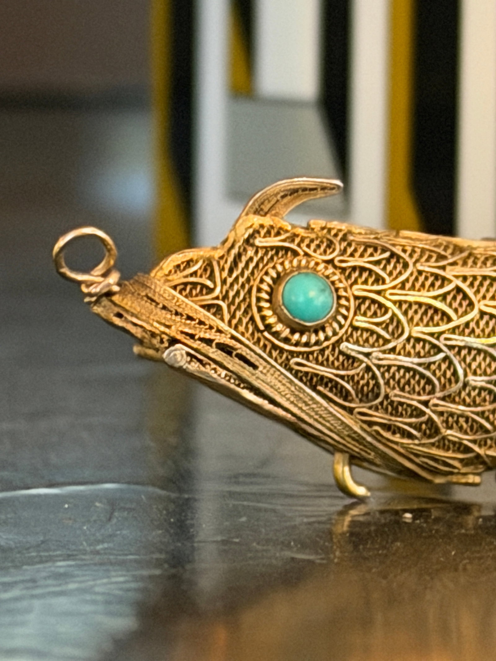 Antique Silver Articulated Koi Fish Pomander Pendant With Turquoise Eyes - 10