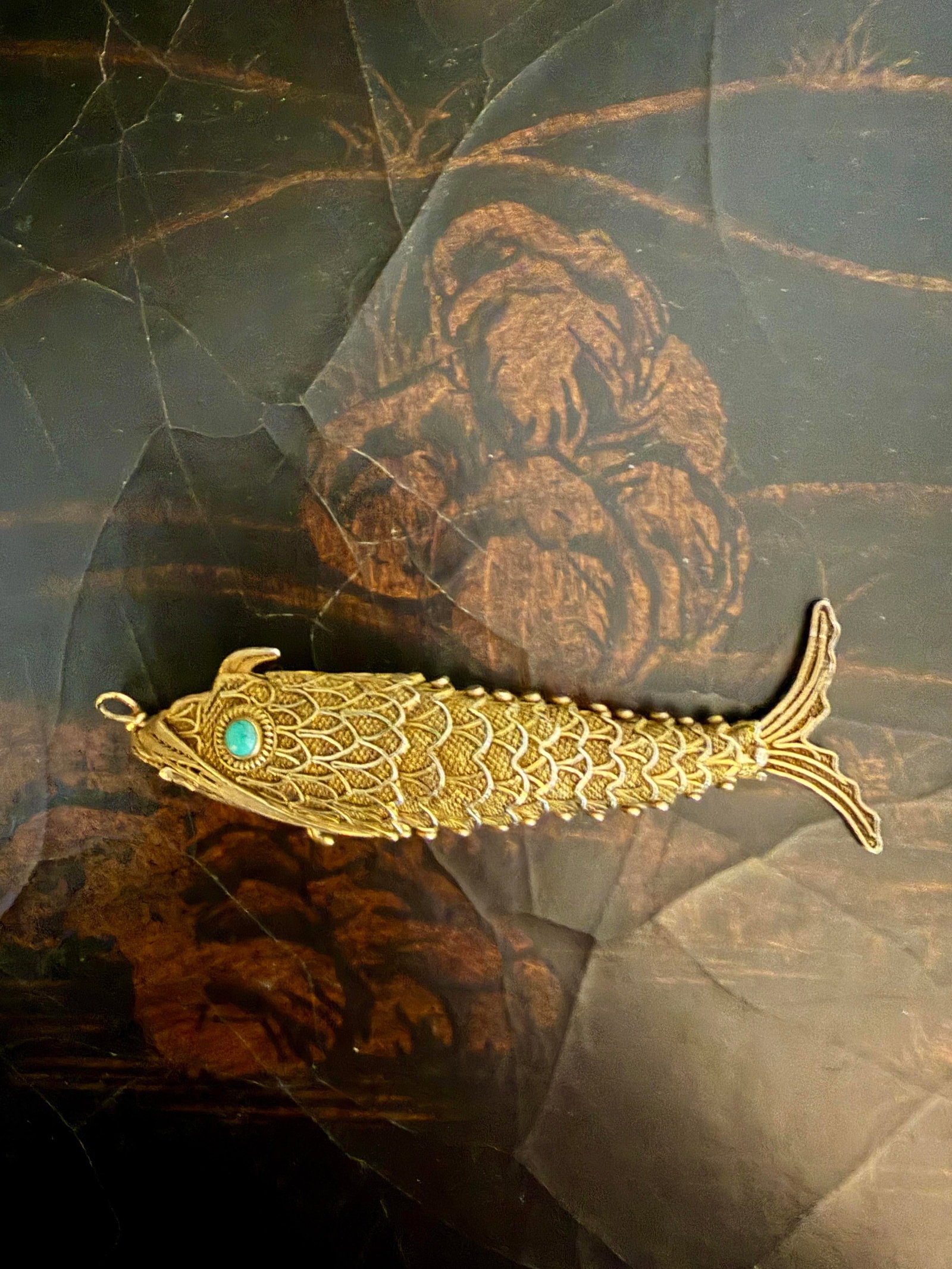 Antique Silver Articulated Koi Fish Pomander Pendant With Turquoise Eyes - 2