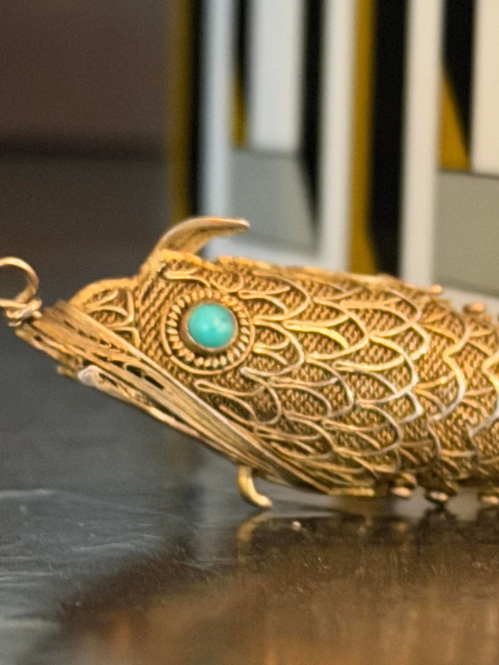 Antique Silver Articulated Koi Fish Pomander Pendant With Turquoise Eyes - 8