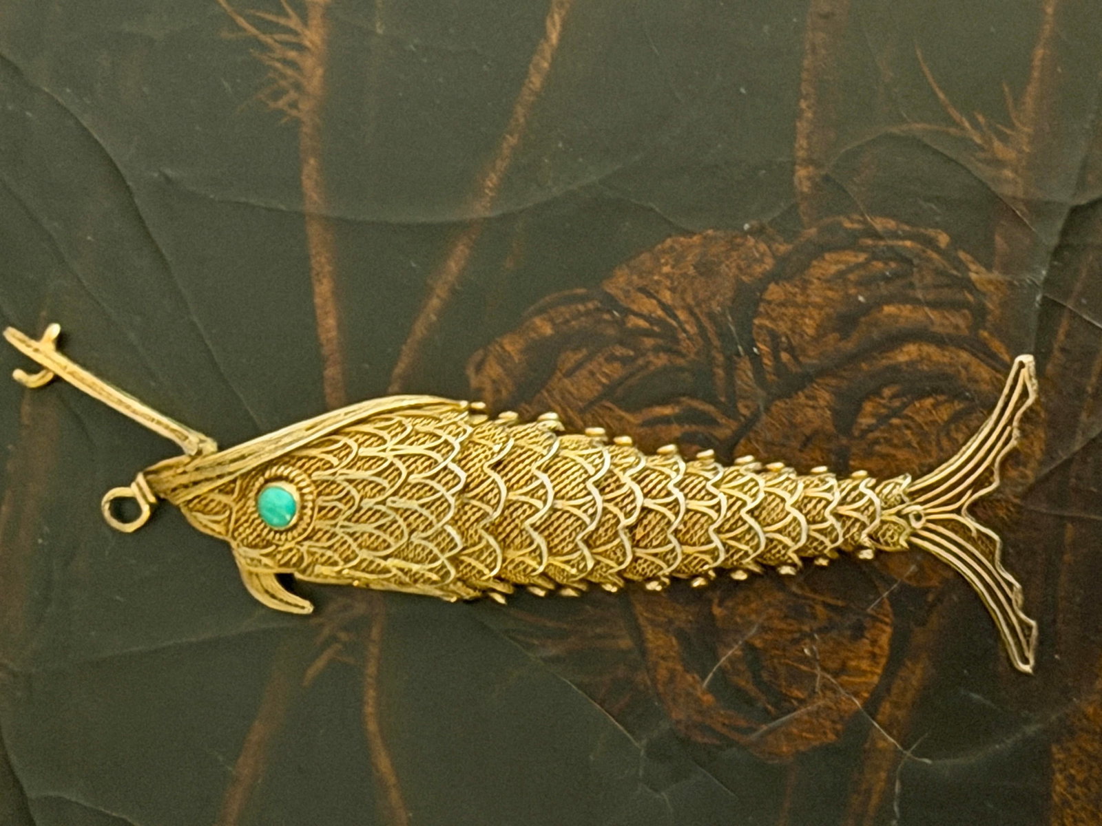 Antique Silver Articulated Koi Fish Pomander Pendant With Turquoise Eyes - 9