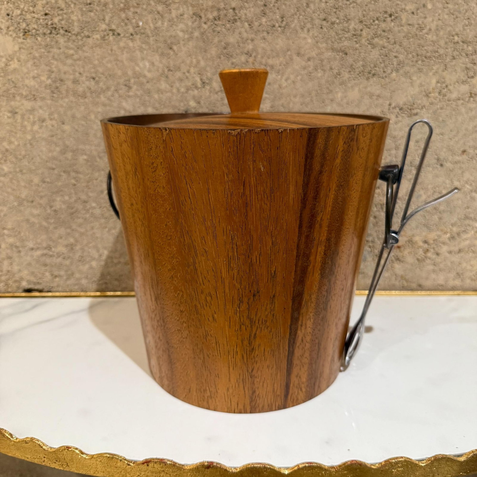 1960s Modern Barware Walnut Wood Ice Bucket & Stainless Steel Tongs Set- 2 Pieces - 11