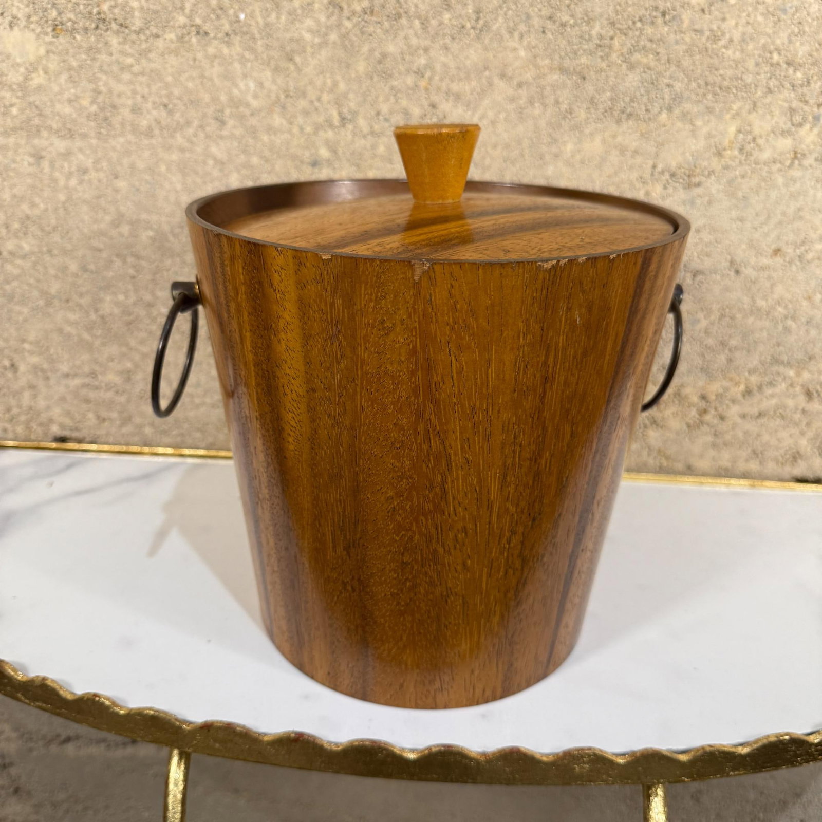 1960s Modern Barware Walnut Wood Ice Bucket & Stainless Steel Tongs Set- 2 Pieces - 12