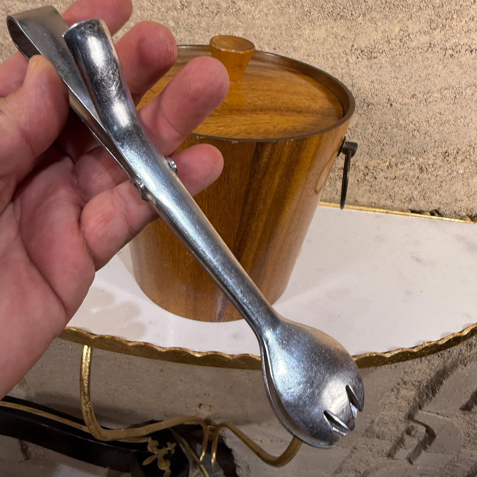 1960s Modern Barware Walnut Wood Ice Bucket & Stainless Steel Tongs Set- 2 Pieces - 16
