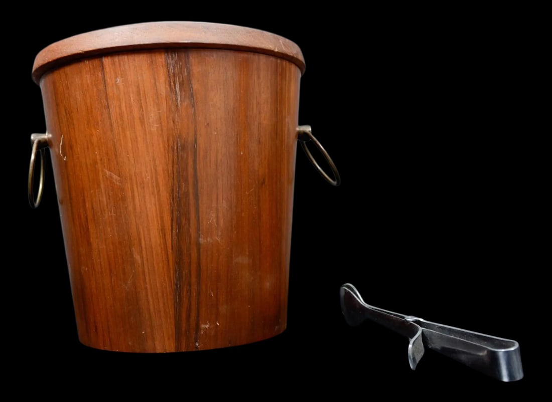 1960s Modern Barware Walnut Wood Ice Bucket & Stainless Steel Tongs Set- 2 Pieces - 2