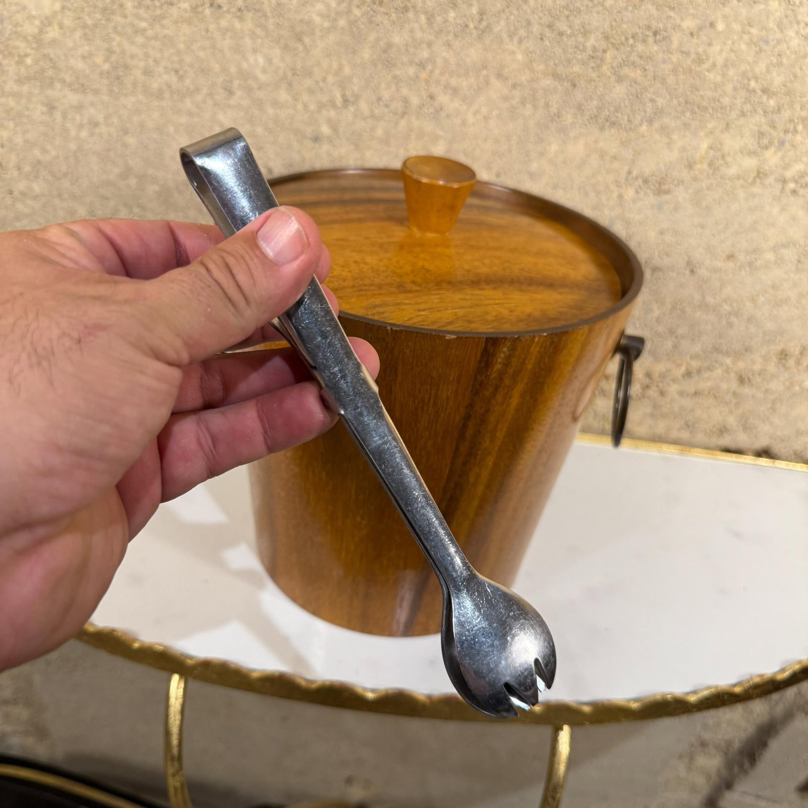 1960s Modern Barware Walnut Wood Ice Bucket & Stainless Steel Tongs Set- 2 Pieces - 4