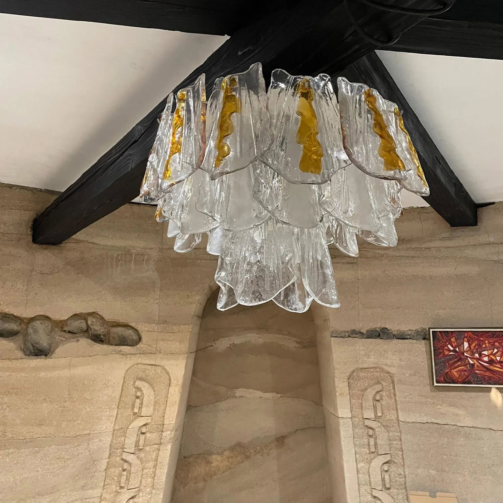 1960s Feders Amber Sculpted Glass Chandelier After Av Mazzega Italy - 11