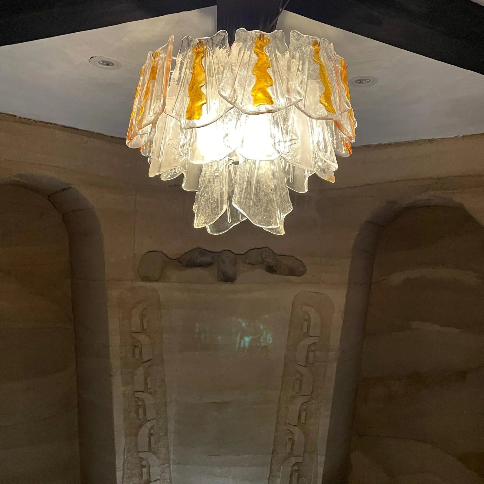 1960s Feders Amber Sculpted Glass Chandelier After Av Mazzega Italy - 2