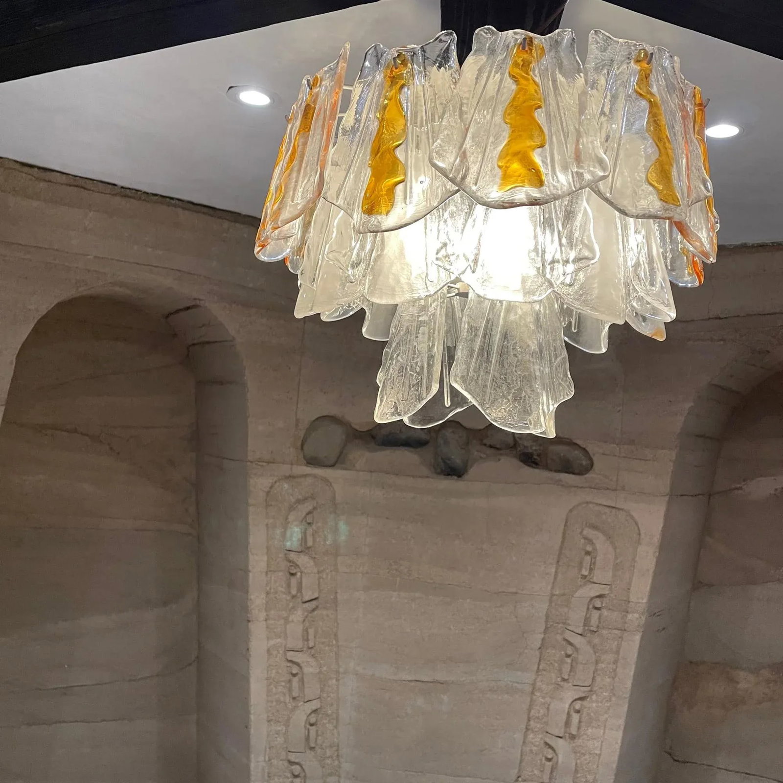 1960s Feders Amber Sculpted Glass Chandelier After Av Mazzega Italy - 4