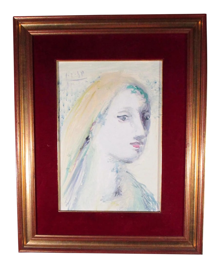 Late 20th Century Italian Expressionist Style Portrait Painting of a Lady, Framed: The enigmatic young lady looks out of the painting in a soft dreamy expressionistic handling of pale blues and creams. Fine and quick brushing across a thin wooden panel. Signed and dated Huber