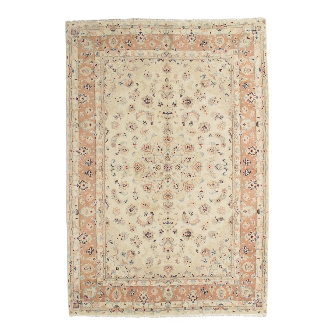 Vintage Hand-Knotted Persian Tabriz Rug 6'7" X 9'8": Vintage Hand-knotted Persian Tabriz rug from northwest Iran, known for its fine weave and detailed floral patterns. Features an ivory field with a central medallion and delicate floral motifs, framed