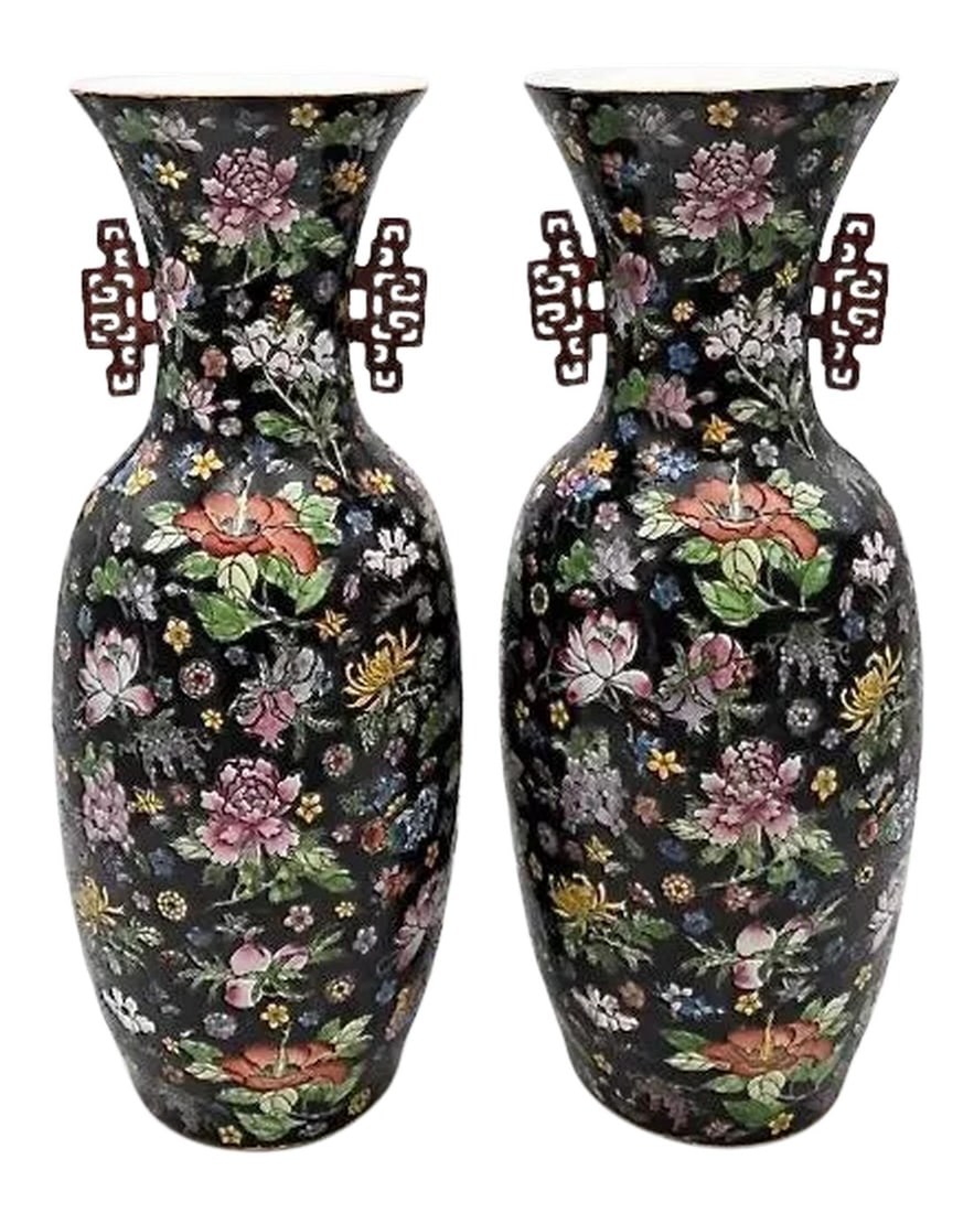 1940s Chinese Famille Rose Vases- a Pair: Pair of Chinese Famille Rose Vase, having red handles, marked to the underside, height 23 1/4 inches Condition: Alterations: Original Condition Unaltered Imperfections: Some Imperfections Condition