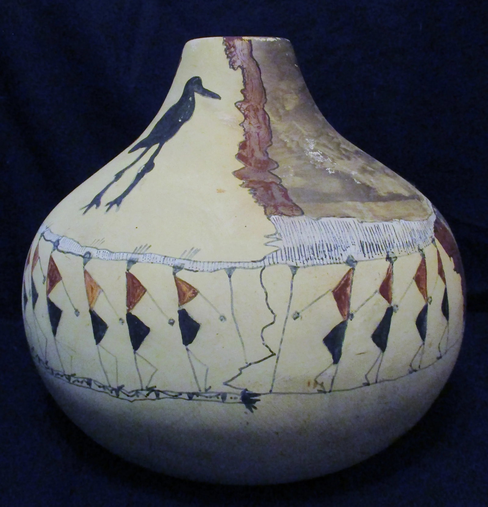 1990s Large Acoma Pottery Jar Signed Maer With Polychrome People, Stork and Frog - 2