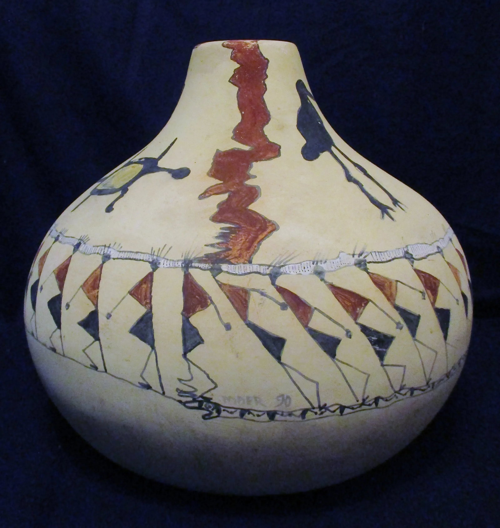 1990s Large Acoma Pottery Jar Signed Maer With Polychrome People, Stork and Frog - 5