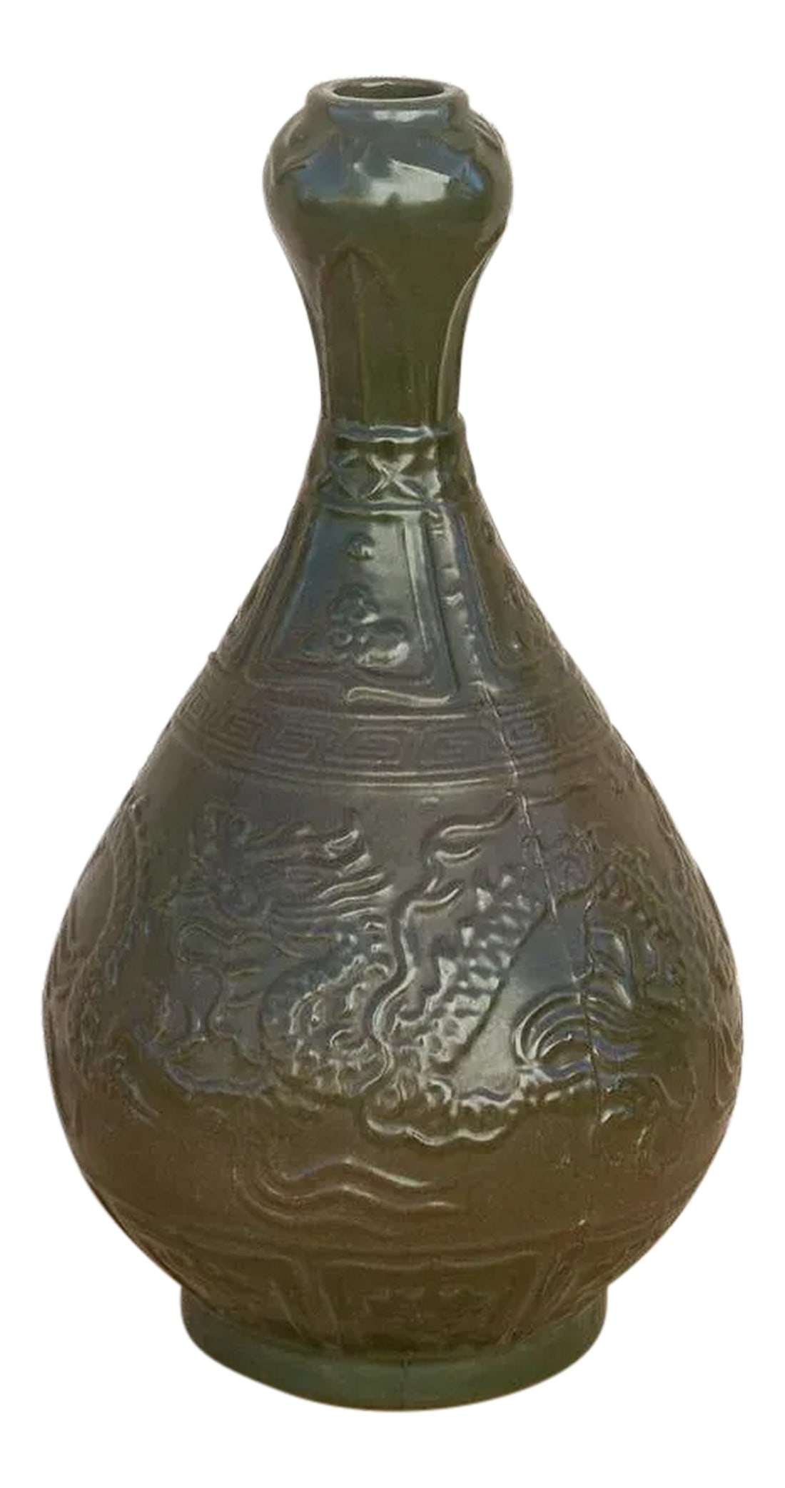 Asian Emerald Green Ceramic Vessel: Having an ornate engraved work with lovely amphora shape, this ceramic vessel features a dark green glazed with a striking dragon motif around the body. **Please bear in mind that colors of products s