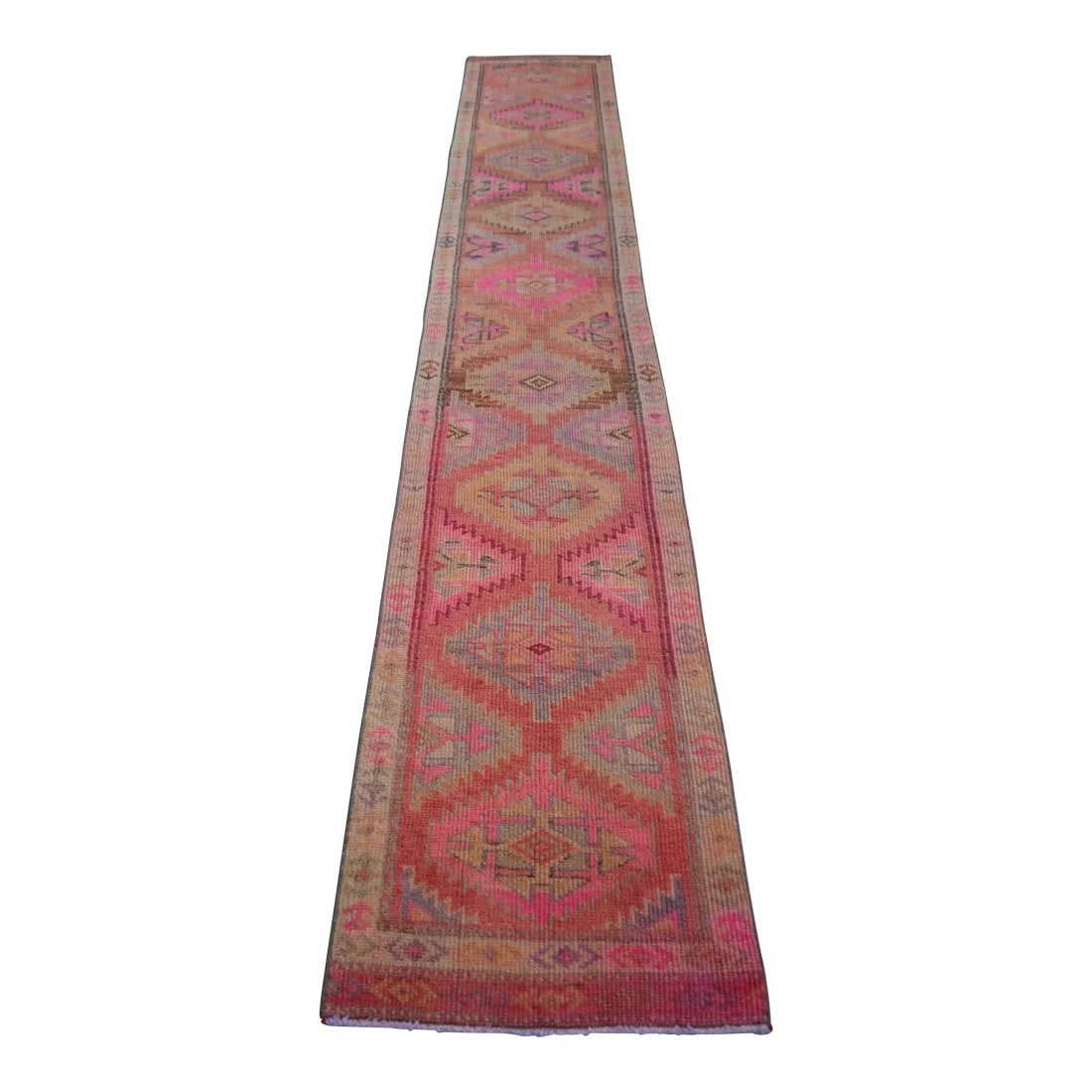 Distressed Oushak Hand Knotted Runner - 2"²2"³ × 13"²4"³: Vintage 1960s distressed Turkish Oushak rug runner. with wavy red-orange field and shades of hot pink, Vintage white and gray throughout. Distressed aesthetic and character bring out the charm and
