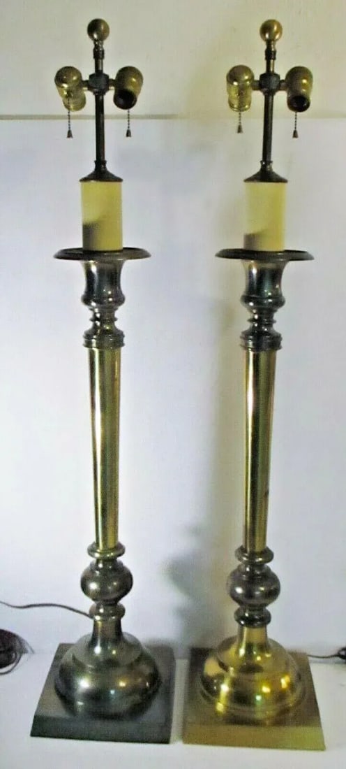 1950s Chapman Hollywood Regency Brass Candlestick Buffet Lamps - a Pair - 12