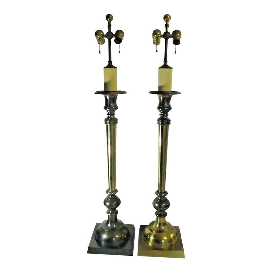 1950s Chapman Hollywood Regency Brass Candlestick Buffet Lamps - a Pair: Matching Pair of Chapman Brass Candlestick Buffet Lamps Hollywood Regency Each measures 40.00" tall with a 8.00" square base. Condition: Alterations: Original Condition Unaltered Imperfections: Some
