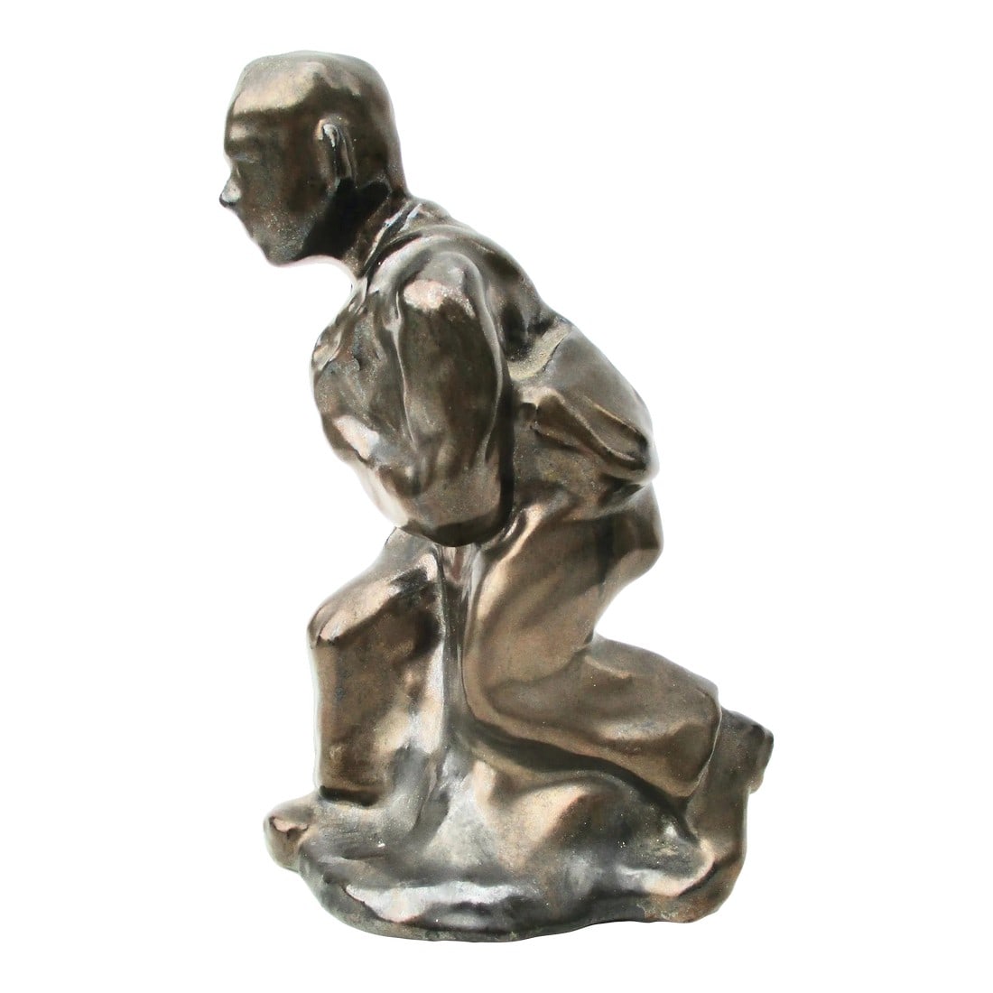 Circa 1950s Terra Cotta Glazed Sculpture of a School Boy: Metallic glazed terra cotta figure titled "School Boy" to the underside. The artist's name is added but a little unclear after "Farm...". Solid-body hand-made in red brick clay with a bronze metallic