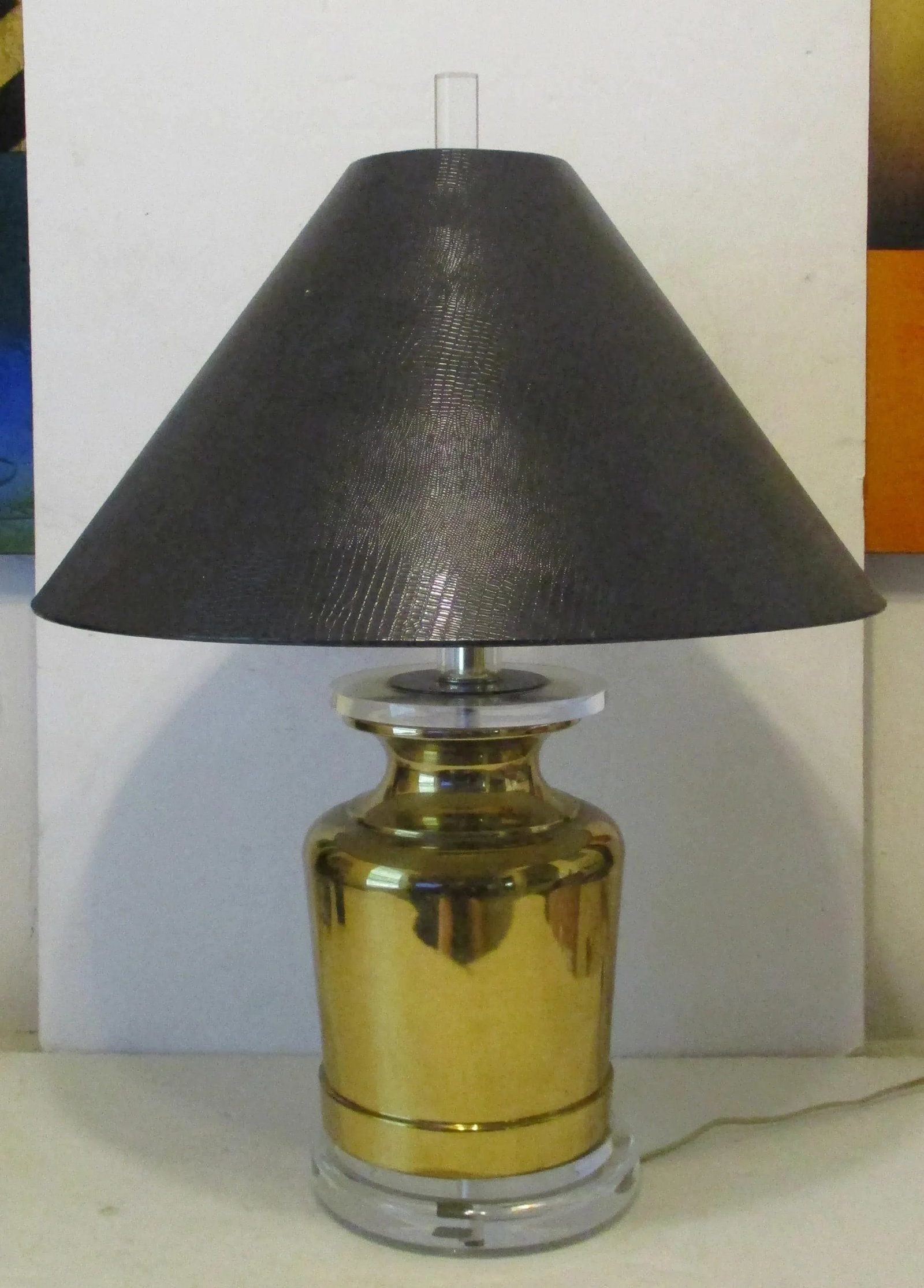 1970s Chapman Brass Lucite Ginger Jar Black Snakeskin Pattern Shade Table Lamp - 12
