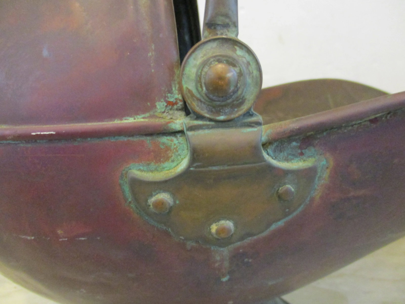 Large Antique Victorian Helmet Coal Scuttle and Scoop English Copper - Set of 2 - 11