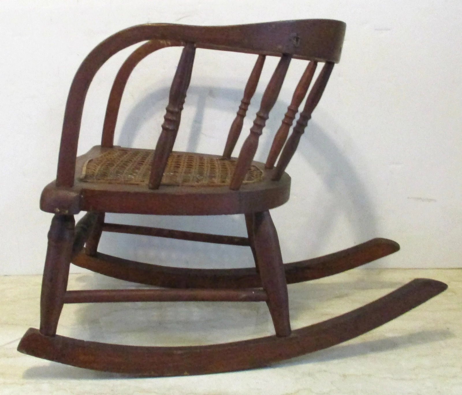 Antique Oak Curved Back Hand Woven Cane Seat Children's Rocking Chair - 3