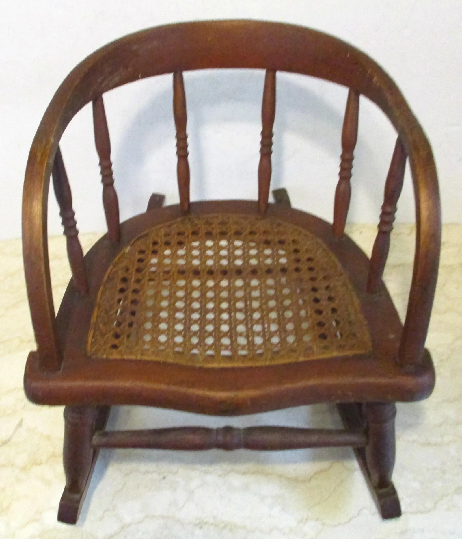 Antique Oak Curved Back Hand Woven Cane Seat Children's Rocking Chair - 6