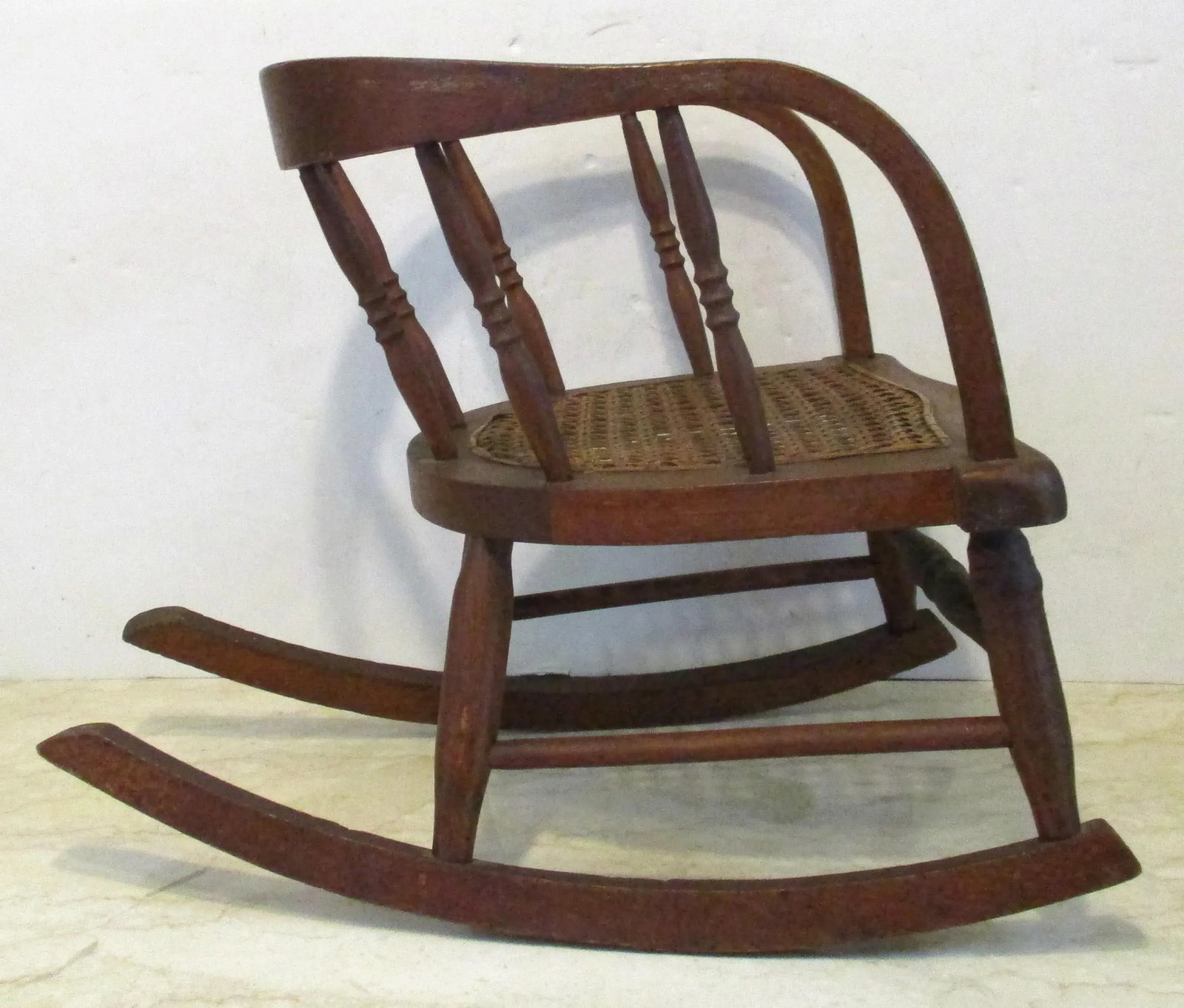 Antique Oak Curved Back Hand Woven Cane Seat Children's Rocking Chair - 9