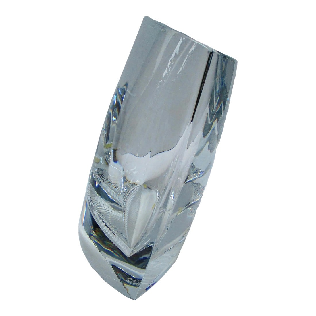 Late 20th Century Baccarat Crystal Leaning Vase: Unique Baccarat Crystal vase design with two base orientations. Wide and narrow body with base bevel angle in two directions to balance the upright angle at two different angle directions. Hallmarked