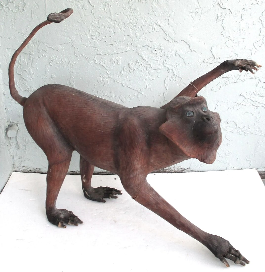 Vintage Life Size Leather Macaque Monkey Sculpture From India - 11