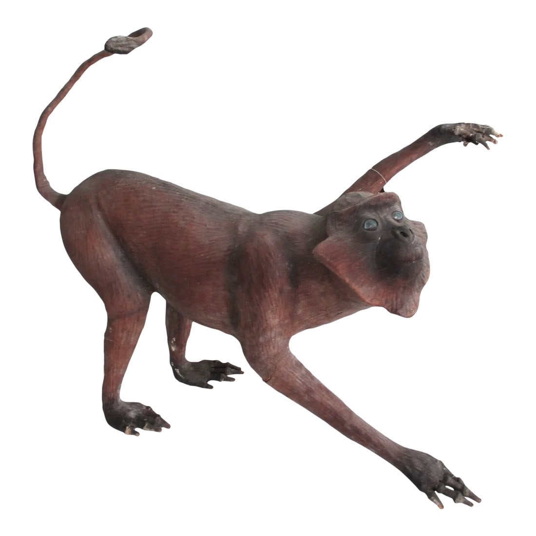 Vintage Life Size Leather Macaque Monkey Sculpture From India: Vintage Life Size Leather Macaque Monkey Sculpture from India Leather monkey figure from India with glass eyes, circa 20th century. Please note of heavy wear consistent with age including paint loss