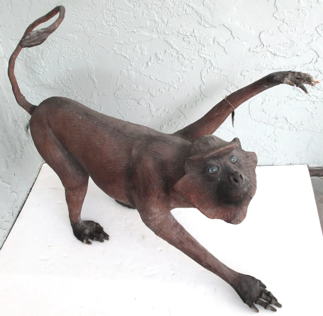 Vintage Life Size Leather Macaque Monkey Sculpture From India - 2
