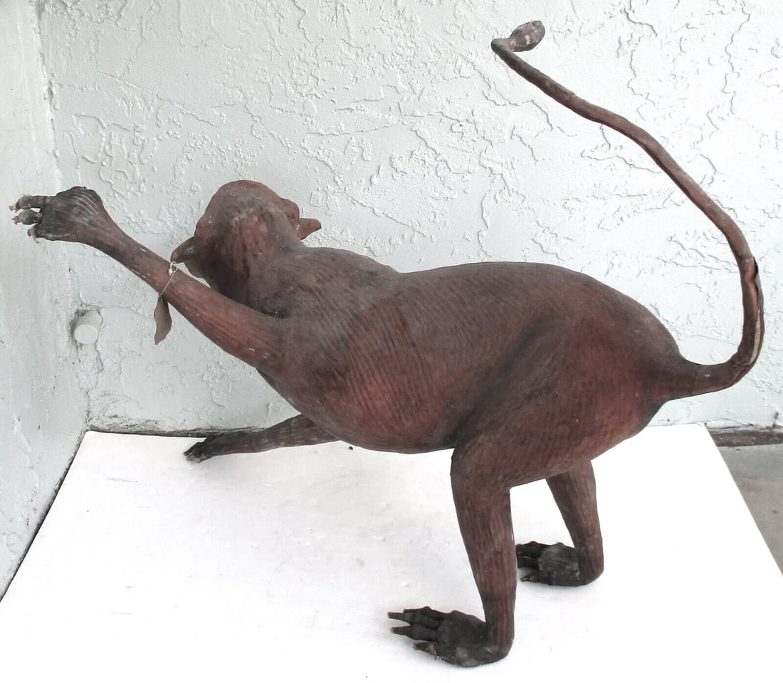 Vintage Life Size Leather Macaque Monkey Sculpture From India - 5