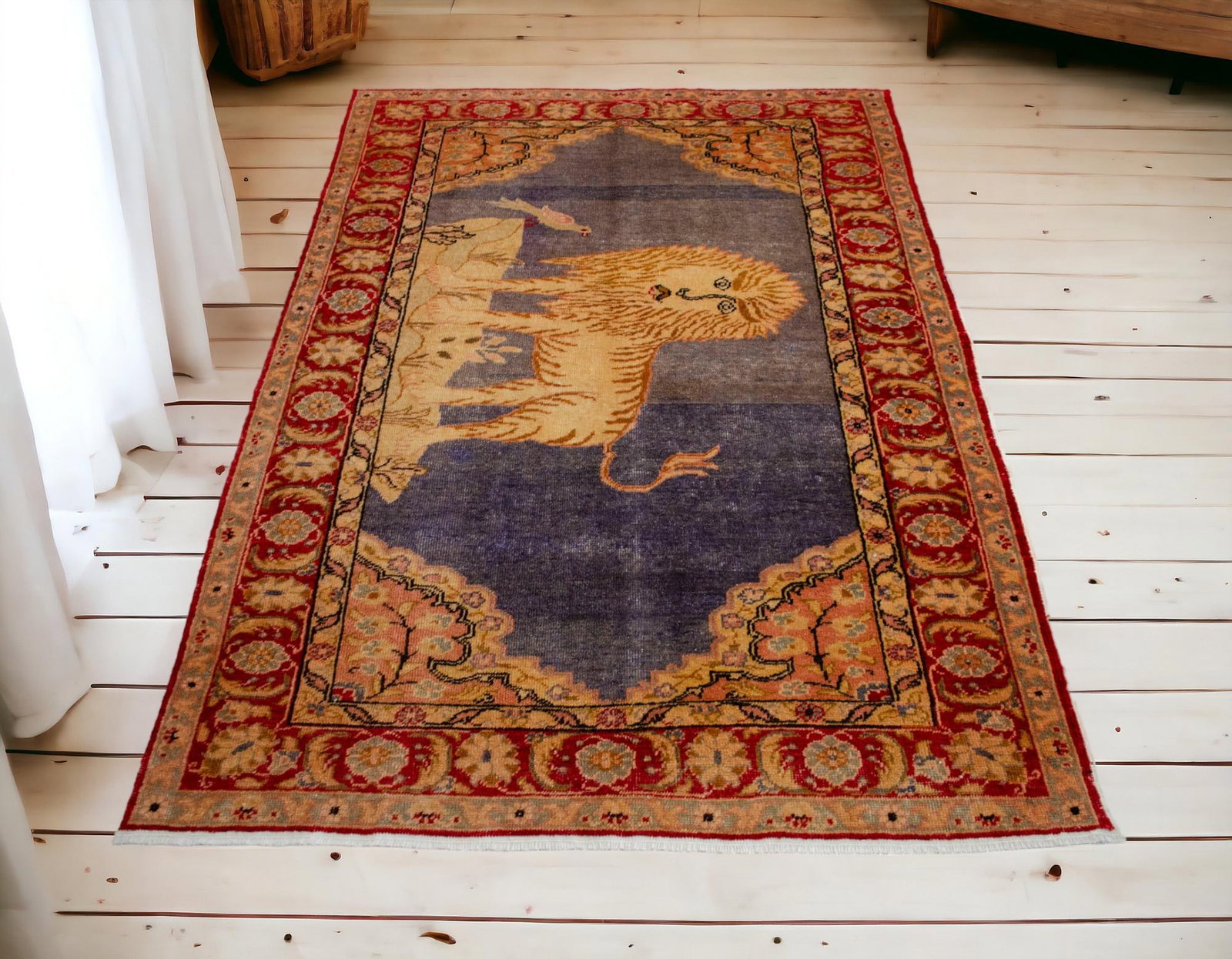 1970s Vintage Turkish Rug Lion Pattern Hand Knotted Low Pile Wool Wall & Area Rug - 4'3" X 6'1" - 3