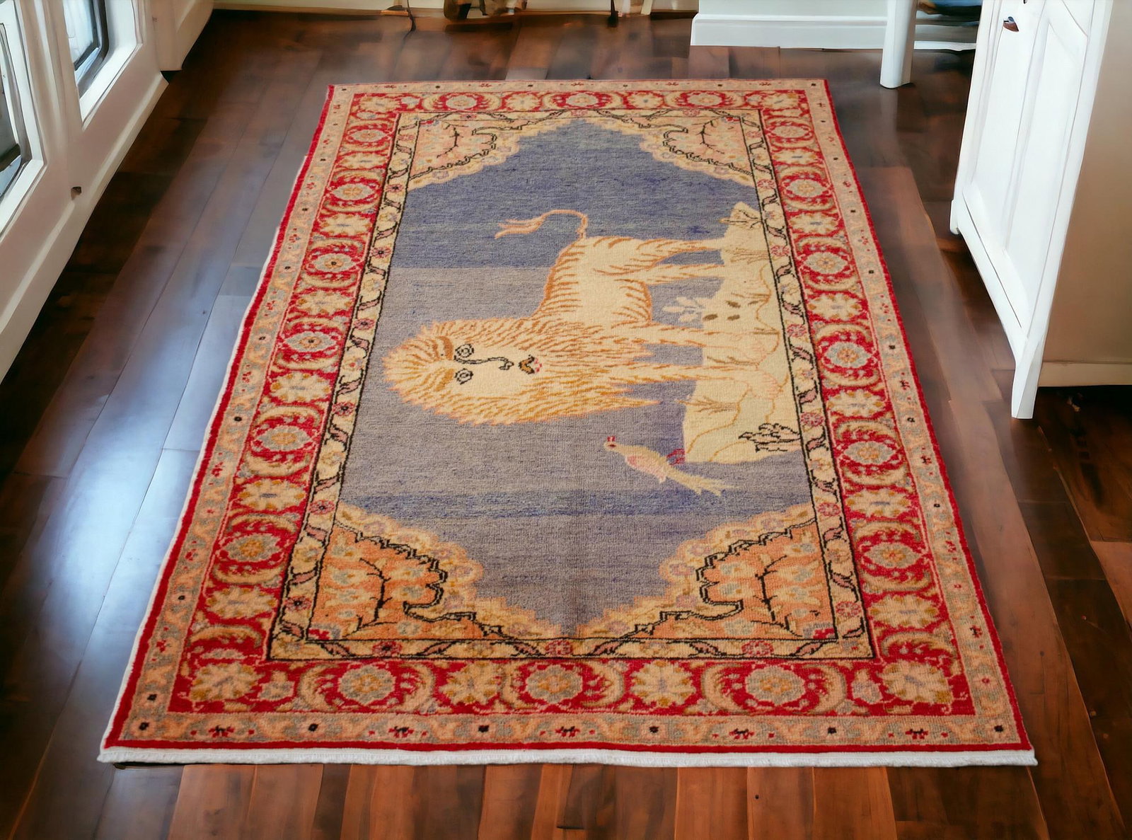 1970s Vintage Turkish Rug Lion Pattern Hand Knotted Low Pile Wool Wall & Area Rug - 4'3" X 6'1" - 4