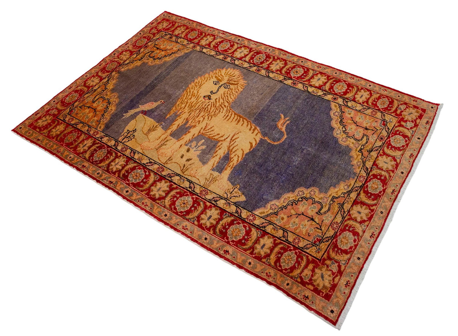 1970s Vintage Turkish Rug Lion Pattern Hand Knotted Low Pile Wool Wall & Area Rug - 4'3" X 6'1" - 6