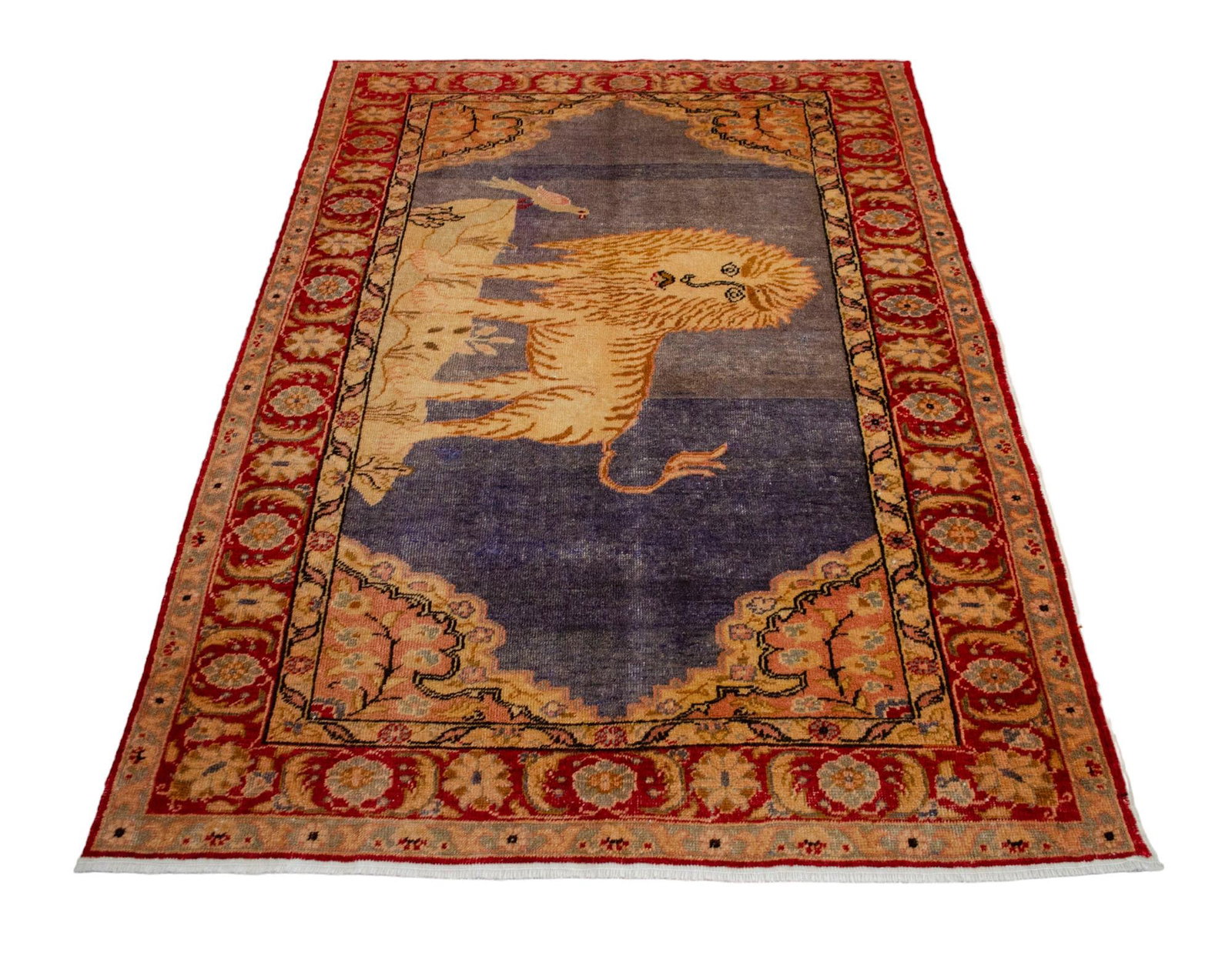 1970s Vintage Turkish Rug Lion Pattern Hand Knotted Low Pile Wool Wall & Area Rug - 4'3" X 6'1" - 7