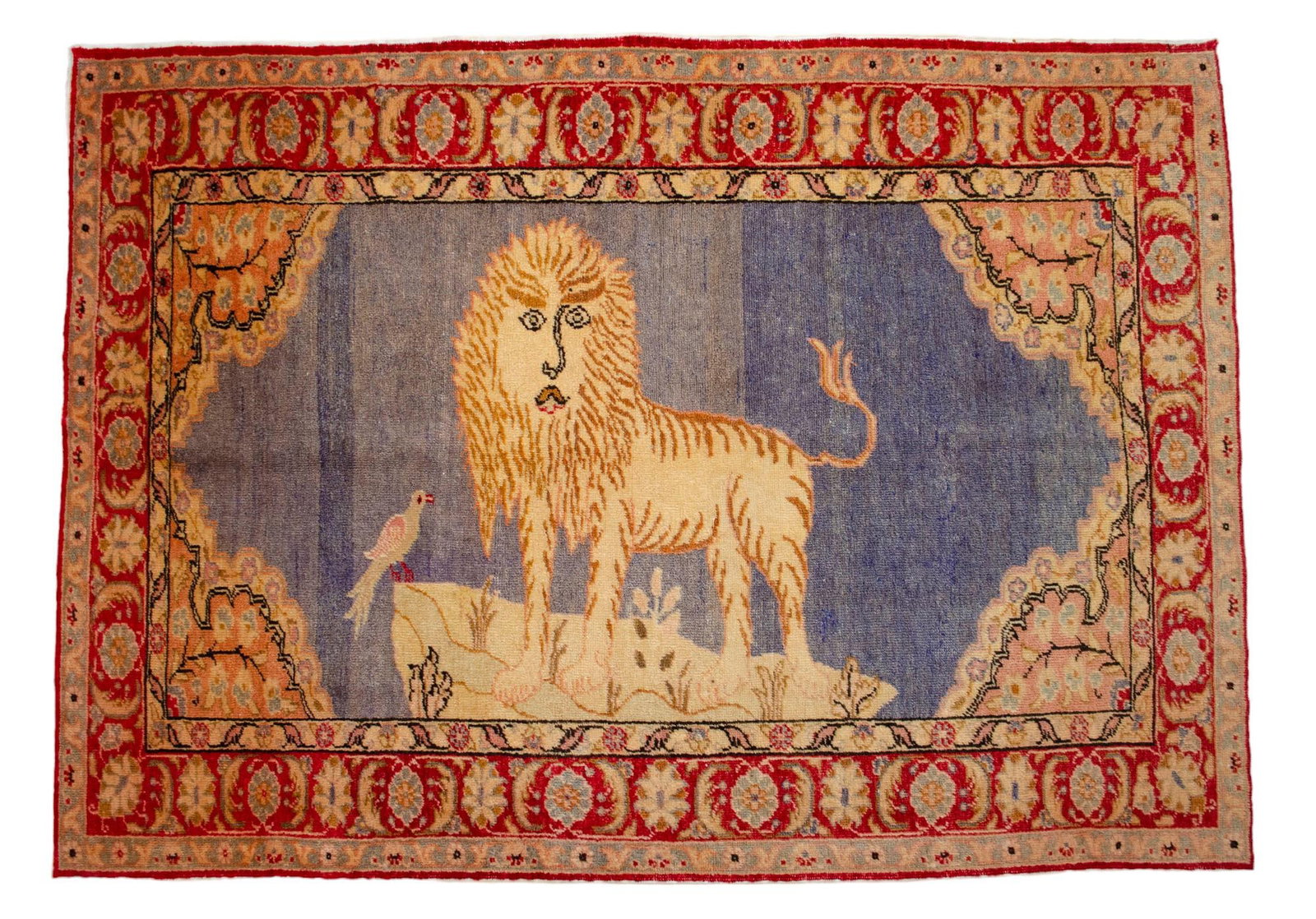 1970s Vintage Turkish Rug Lion Pattern Hand Knotted Low Pile Wool Wall & Area Rug - 4'3" X 6'1" - 8