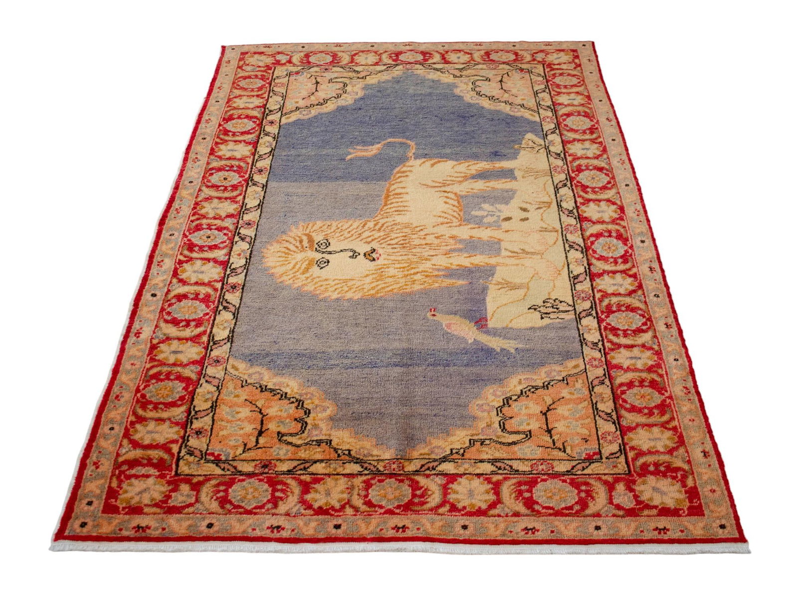 1970s Vintage Turkish Rug Lion Pattern Hand Knotted Low Pile Wool Wall & Area Rug - 4'3" X 6'1" - 9