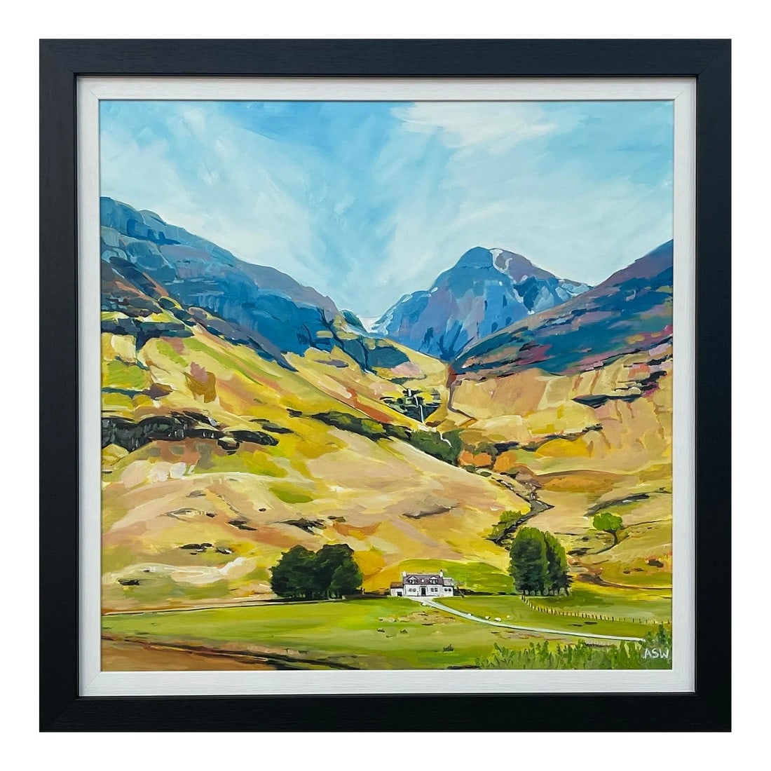Modern Landscape Painting of the Scottish Highlands by Contemporary British Artist: Colourful Abstract Landscape Painting of the Scottish Highlands by Leading Contemporary British Artist, Angela Wakefield Art measures 24 x 24 inches Frame measure 29 x 29 inches Angela Wakefield has